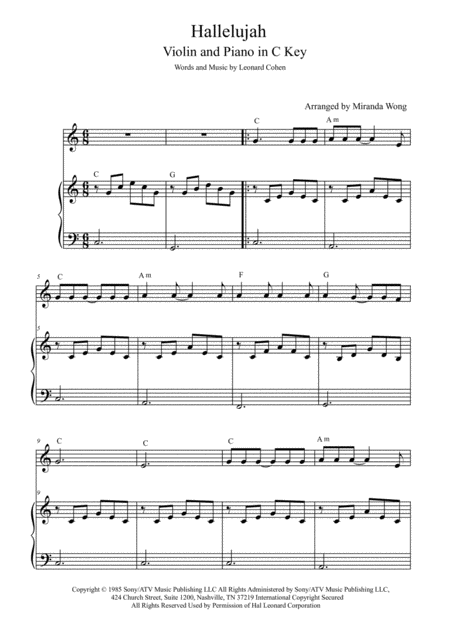 Hallelujah Violin And Piano In C Key With Chords Sheet Music