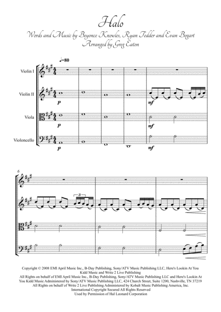 Halo Beyonce Arranged By Greg Eaton For String Quartet Score And Parts Perfect For Gigging Quartets Sheet Music