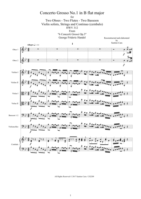 Handel Concerto Grosso No 1 In B Flat Major Op 3 Hwv312 For Winds Strings And Continuo Sheet Music