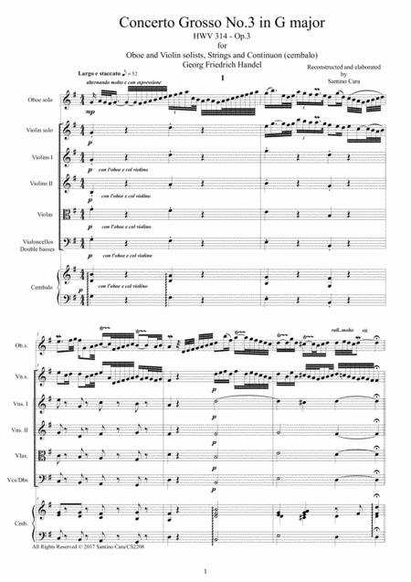 Handel Concerto Grosso No 3 In G Major Hwv 314 For Oboe Violin Strings And Continuo Sheet Music