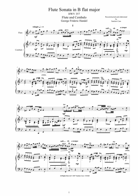 Handel Flute Sonata In B Flat Hwv 357 For Flute And Cembalo Or Piano Sheet Music