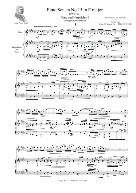 Handel Flute Sonata No 15 In E Major Hwv 373 Op 1 For Flute And Harpsichord Or Piano Sheet Music