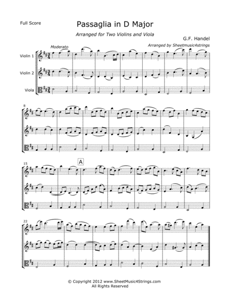Free Sheet Music Handel G Passaglia For Two Violins And Cello