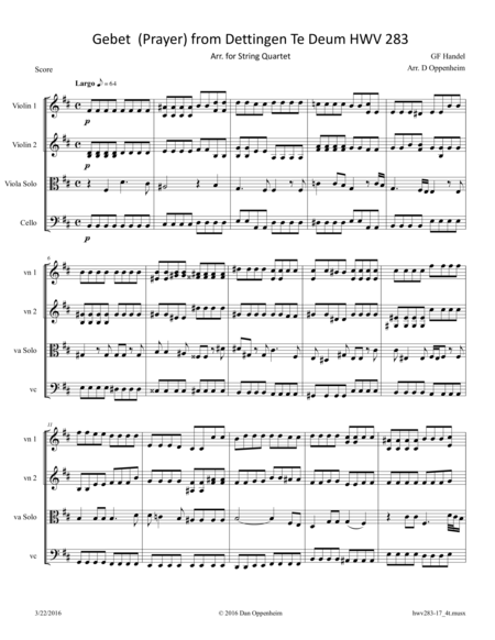 Free Sheet Music Handel Gebet Prayer From Dettingen Te Deum Hwv 283 Arr For String Quartet