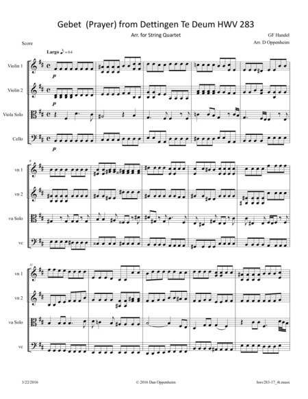 Handel Gebet Prayer From Dettingen Te Deum Hwv 283 Arr For String Quartet Sheet Music