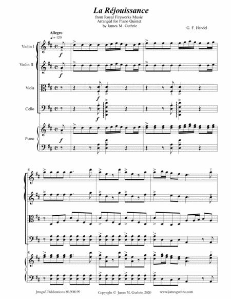 Handel La Rjouissance From Royal Fireworks Music For Piano Quintet Sheet Music