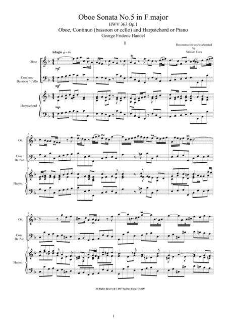 Handel Oboe Sonata No 5 In F Major Hwv 363 Op 1 For Oboe Continuo And Harpsichord Or Piano Sheet Music