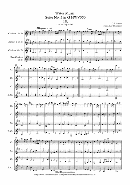 Free Sheet Music Handel Suite No 3 In G Hwv350 Complete The Water Music Wassermusik Clarinet Quartet