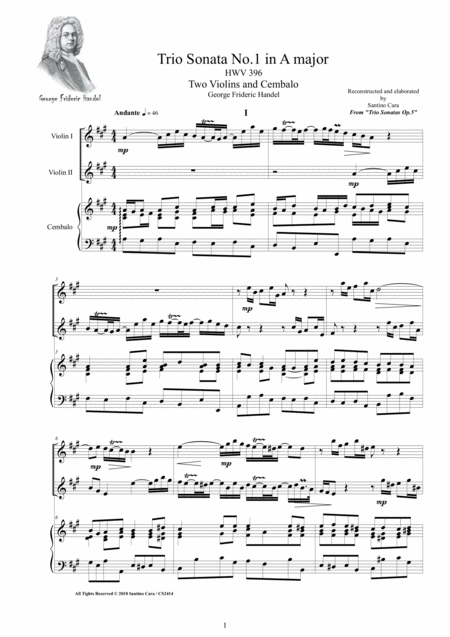 Handel Trio Sonata No 1 In A Major Hwv 396 Op 5 For Two Violins And Cembalo Sheet Music