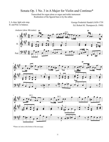 Free Sheet Music Handle Op 1 No 3 Sonata In A Major For Organ