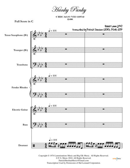 Hanky Panky Chicago Complete Score Sheet Music