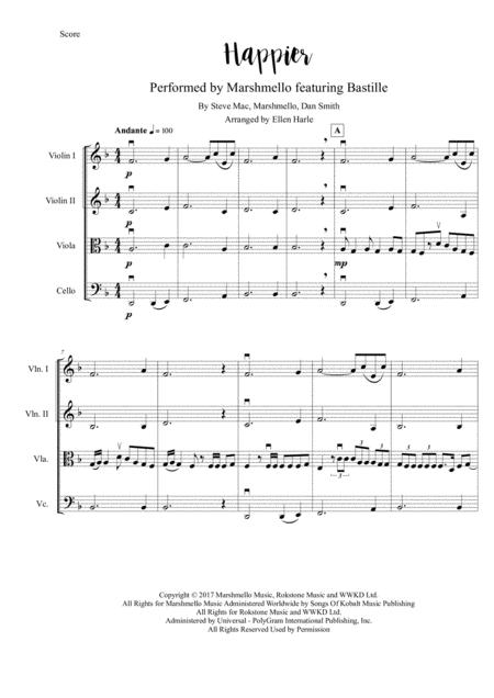 Happier Marshmello Featuring Bastille String Quartet Sheet Music