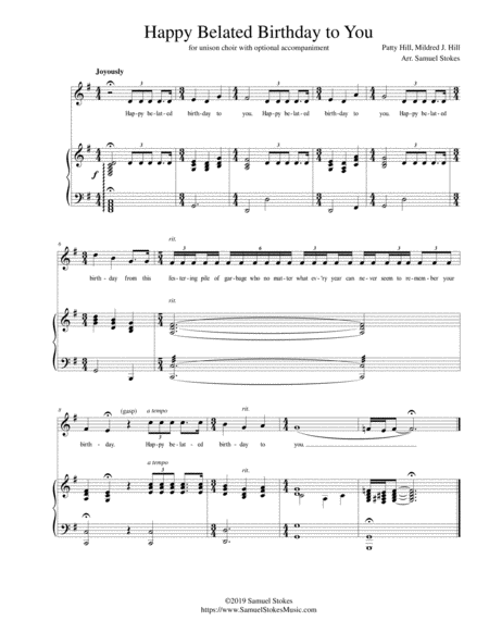 Free Sheet Music Happy Belated Birthday To You For Unison Choir With Optional Piano Accompaniment