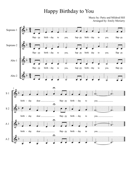 Free Sheet Music Happy Birthday Modern A Cappella Version Ssaa Notation