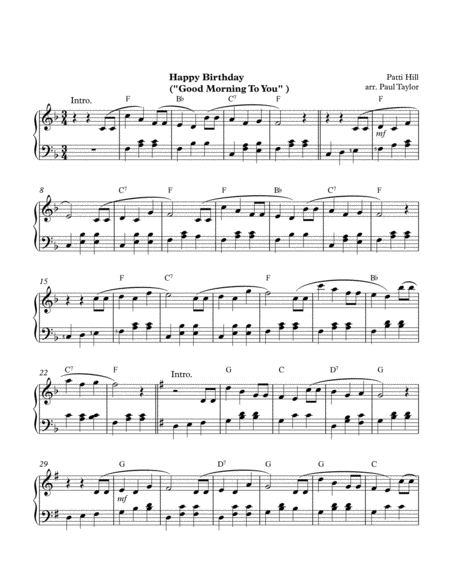 Happy Birthday Song Good Morning To You Sheet Music