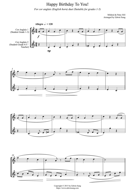 Free Sheet Music Happy Birthday To You For Cor Anglais English Horn Duet Suitable For Grades 1 5