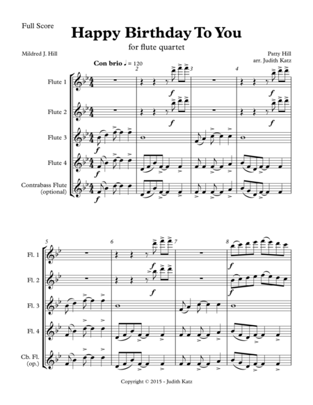 Free Sheet Music Happy Birthday To You For Flute Quartet