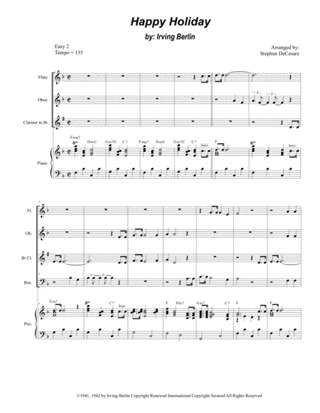 Free Sheet Music Happy Holiday For Woodwind Quartet And Piano