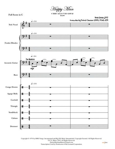 Happy Man Chicago Full Score Set Of Parts Sheet Music