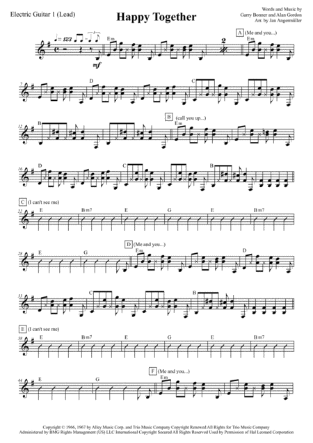 Happy Together E Guitar 1 And 2 Transcription Of The Original Turtles Recording Sheet Music