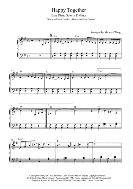 Free Sheet Music Happy Together Easy To Intermediate Piano Solo With Chords