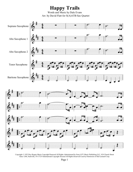 Happy Trails Fors A Atb Ax Quartet Sheet Music