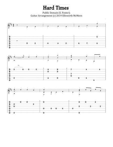 Hard Times Come Again No More For Fingerstyle Guitar Tuned Open G Dgdgbd Sheet Music