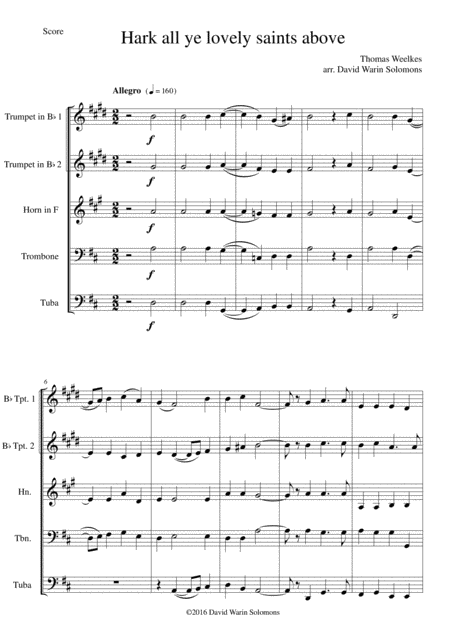 Hark All Ye Lovely Saints Above For Brass Quintet Sheet Music