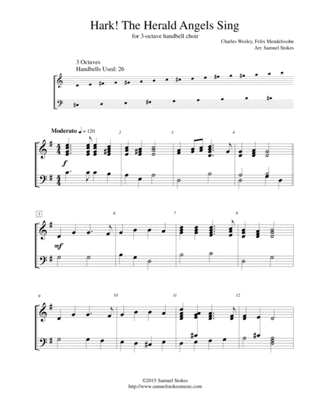 Hark The Herald Angels Sing For 3 Octave Handbell Choir Sheet Music