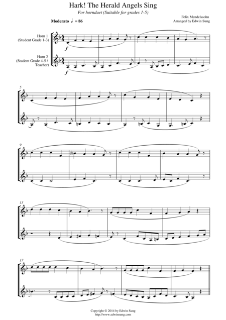 Free Sheet Music Hark The Herald Angels Sing For Horn Duet Suitable For Grades 1 5