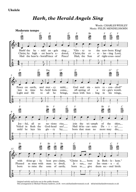Free Sheet Music Hark The Herald Angels Sing For Ukulele With Tab