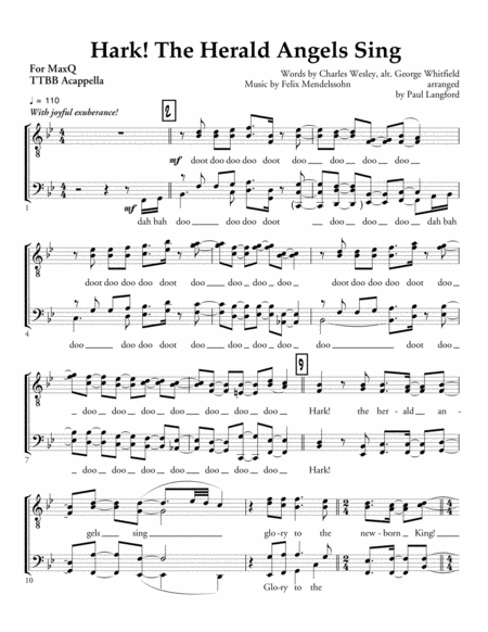 Free Sheet Music Hark The Herald Angels Sing Ttbb Acappella