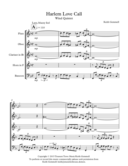 Free Sheet Music Harlem Love Call Wind Quintet