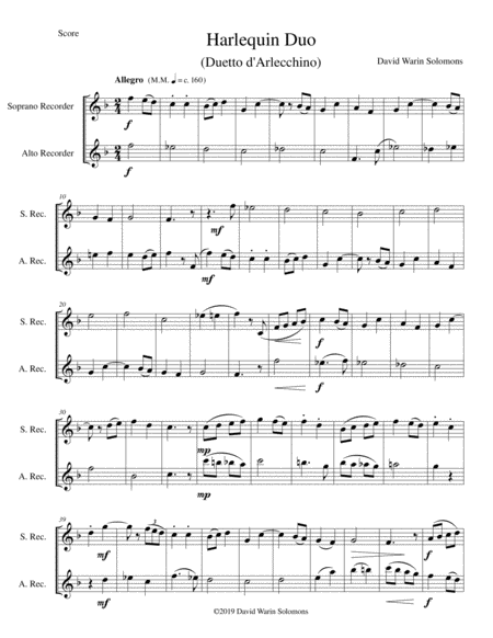 Free Sheet Music Harlequin Duo Duetto D Arlecchino For Soprano And Alto Recorders