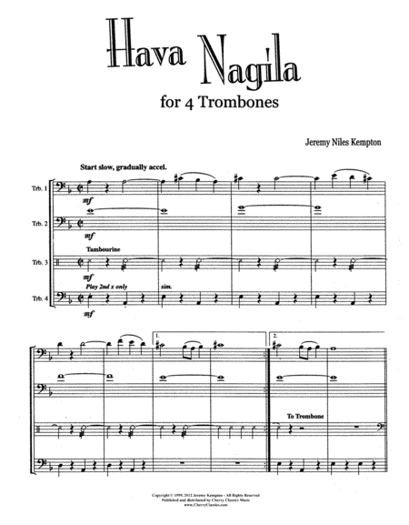 Hava Nagila Israeli Folk Song For Trombone Quartet Sheet Music