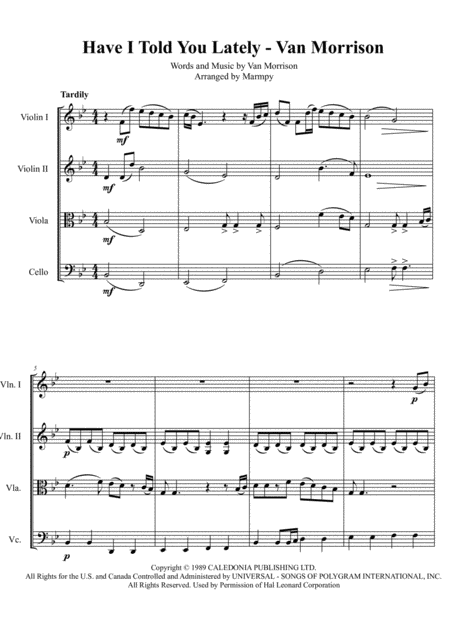 Have I Told You Lately Van Morrison Arranged For String Quartet Sheet Music