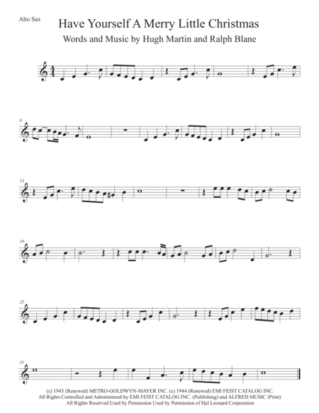 Have Yourself A Merry Little Christmas Easy Key Of C Alto Sax Sheet Music