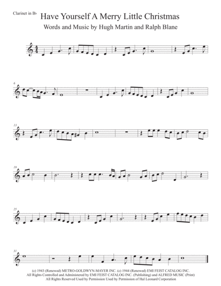 Have Yourself A Merry Little Christmas Easy Key Of C Clarinet Sheet Music