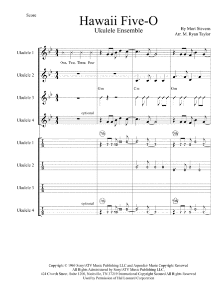 Hawaii Five O Theme Ukulele Ensemble With Tablature Sheet Music