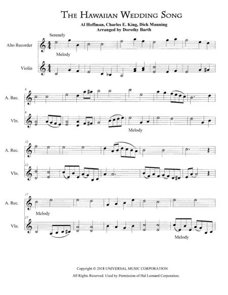 Hawaiian Wedding Song Violin And Alto Recorder Flute Sheet Music