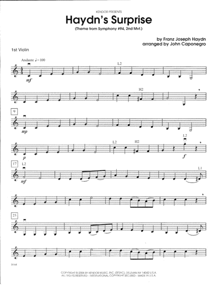 Haydns Surprise Theme From Symphony 94 2nd Mvt 1st Violin Sheet Music