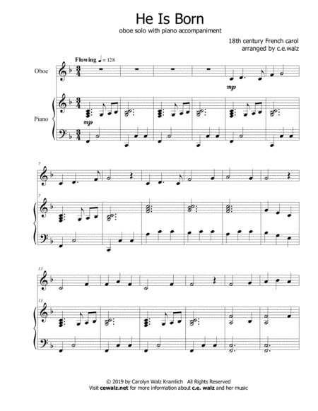 Free Sheet Music He Is Born A Christmas Duet For Oboe And Piano