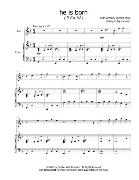 Free Sheet Music He Is Born Flute Solo With Accompaniment