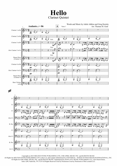 Free Sheet Music Hello Adele Clarinet Quintet