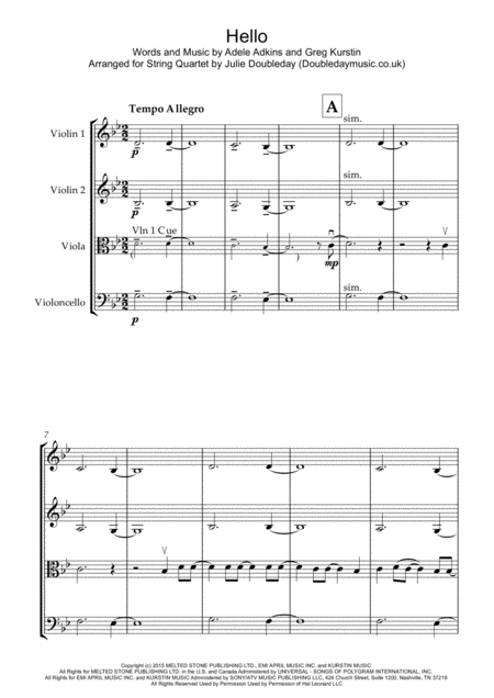 Hello By Adele For String Quartet Score And Parts Sheet Music