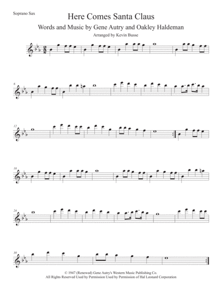 Free Sheet Music Here Comes Santa Claus Original Key Soprano Sax