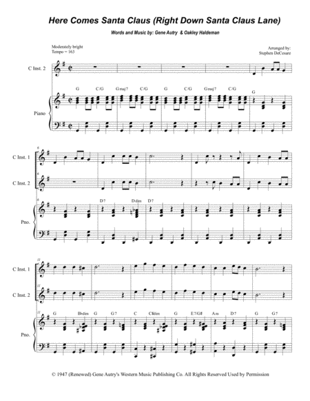 Free Sheet Music Here Comes Santa Claus Right Down Santa Claus Lane Duet For C Instruments