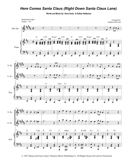 Here Comes Santa Claus Right Down Santa Claus Lane Duet For Soprano And Alto Saxophone Sheet Music