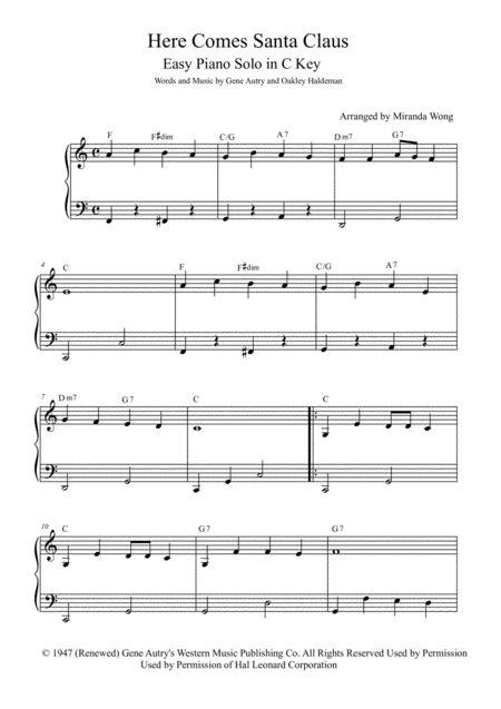 Here Comes Santa Claus Right Down Santa Claus Lane Easy Piano Solo In C Key With Chords Sheet Music