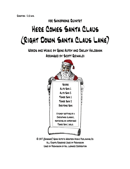 Here Comes Santa Claus Right Down Santa Claus Lane For Saxophone Quintet Aattb Sheet Music